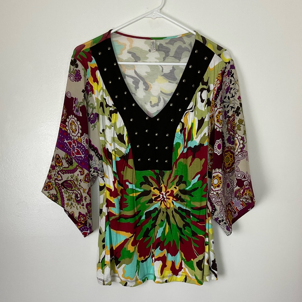 M. Kalan Beautiful Multi-Print Floral Bohemian Blouse Size Large